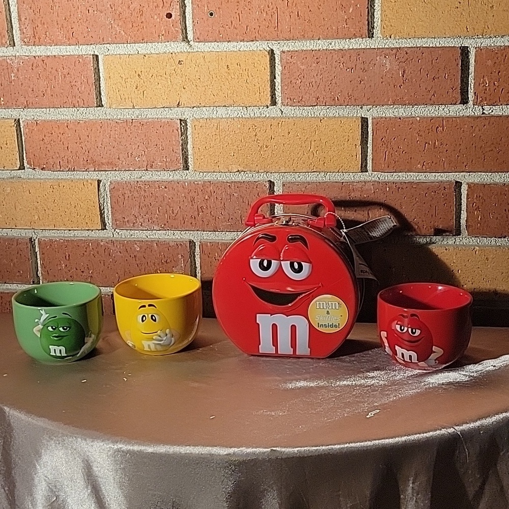 M & M's Tin Lunch Box with Tag, 2002 & Three 2021 Ceramic Collector Cups